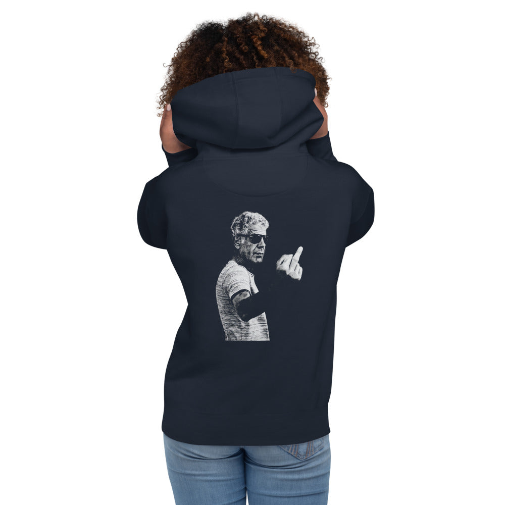 Hoodie A, Bourdain - Modelo femenina espalda