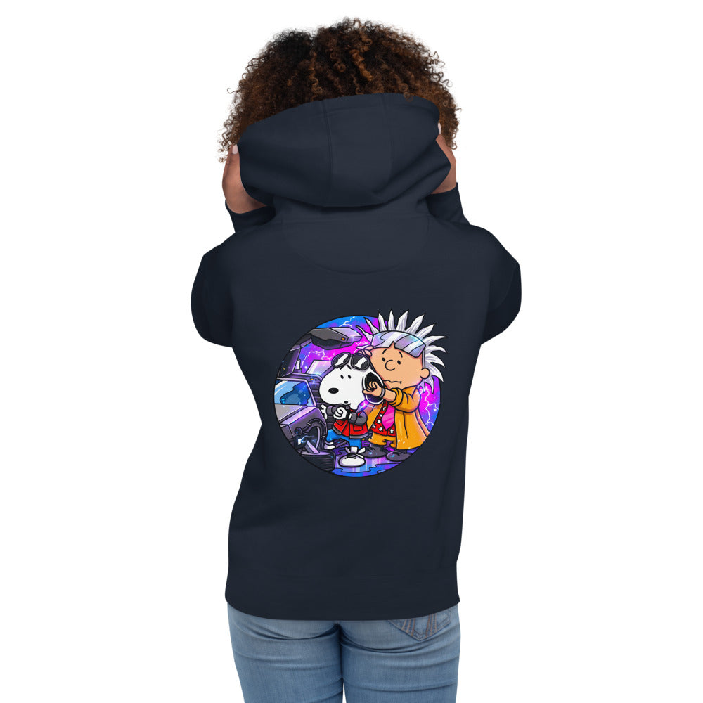 Hoodie Snoopy Marty Charlie Brown Doc DeLorean - Modelo femenina espalda