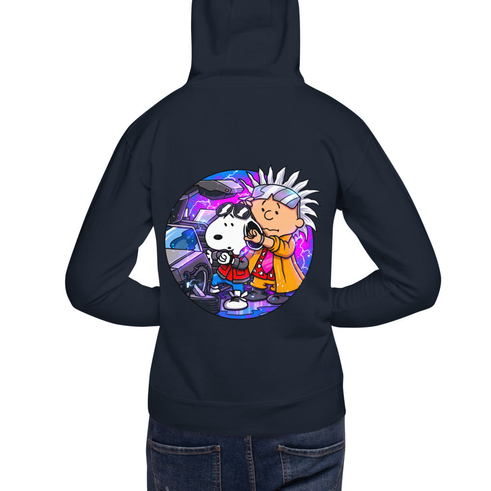 Hoodie Snoopy Marty Charlie Brown Doc DeLorean - Modelo masculino espalda