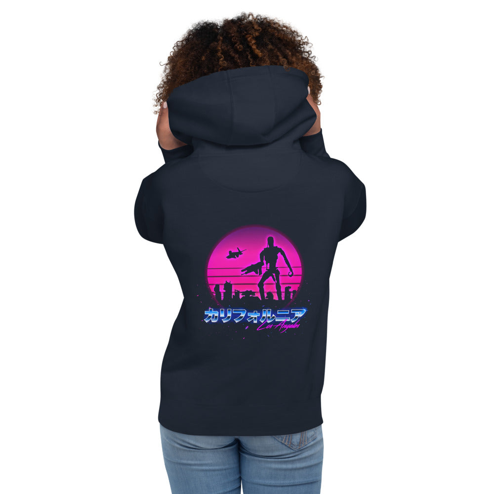 Hoodie Terminator Los Angeles Synthwave Endoskeleton - Modelo femenina espalda