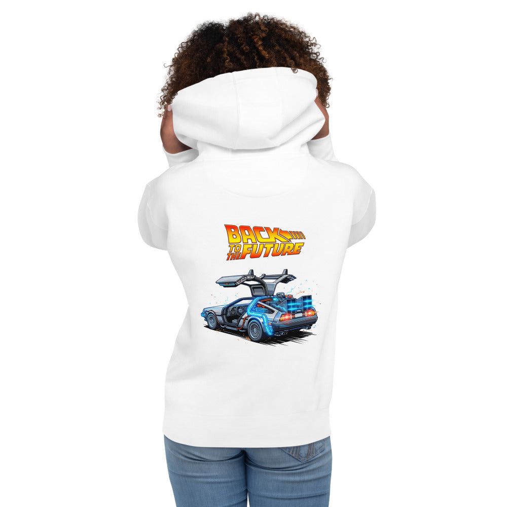 Hoodie Back To The Future DeLorean Blue Glow - Modelo femenina espalda