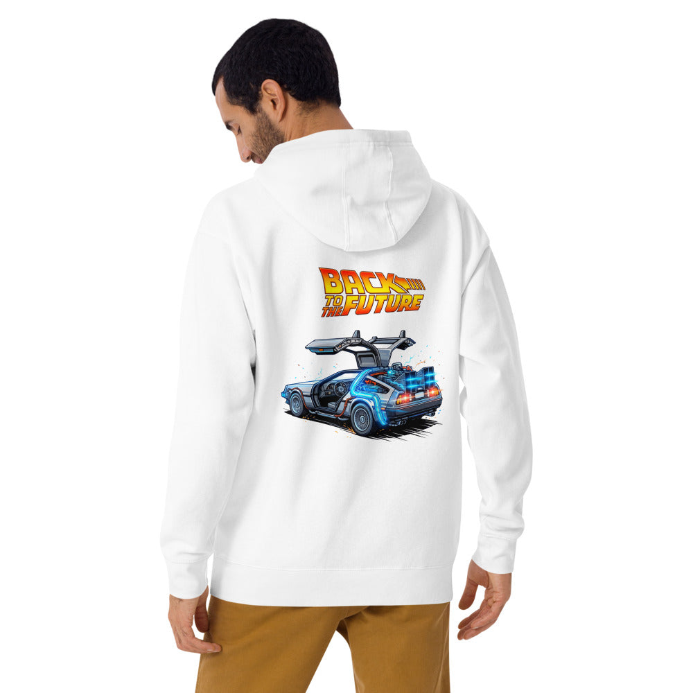 Hoodie Back To The Future DeLorean Blue Glow - Modelo masculino espalda 2