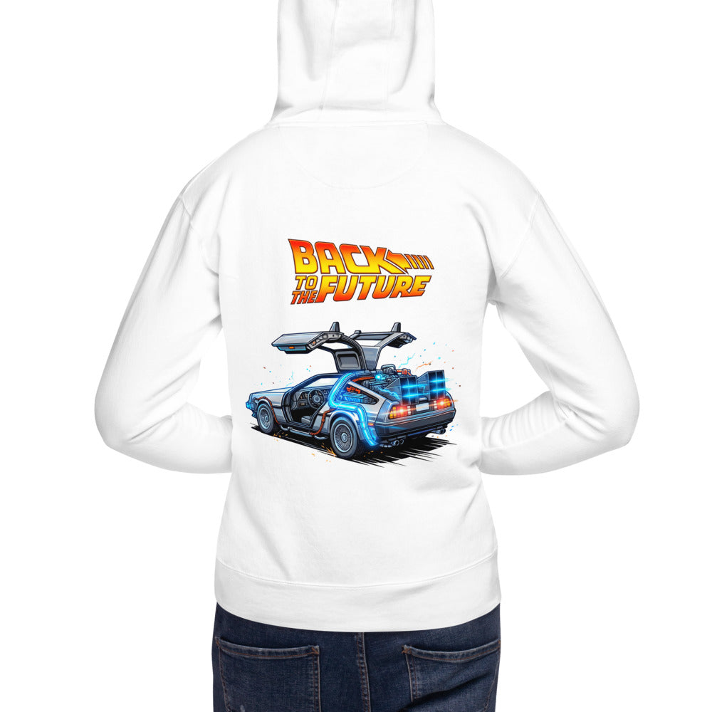 Hoodie Back To The Future DeLorean Blue Glow - Modelo masculino espalda