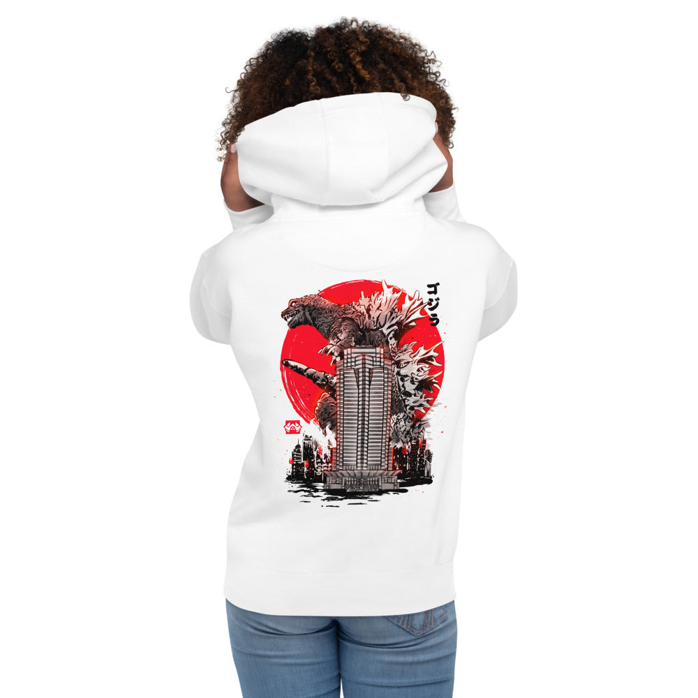 Hoodie Godzilla Sumi-e Red Sun Skyscraper - Modelo femenina espalda