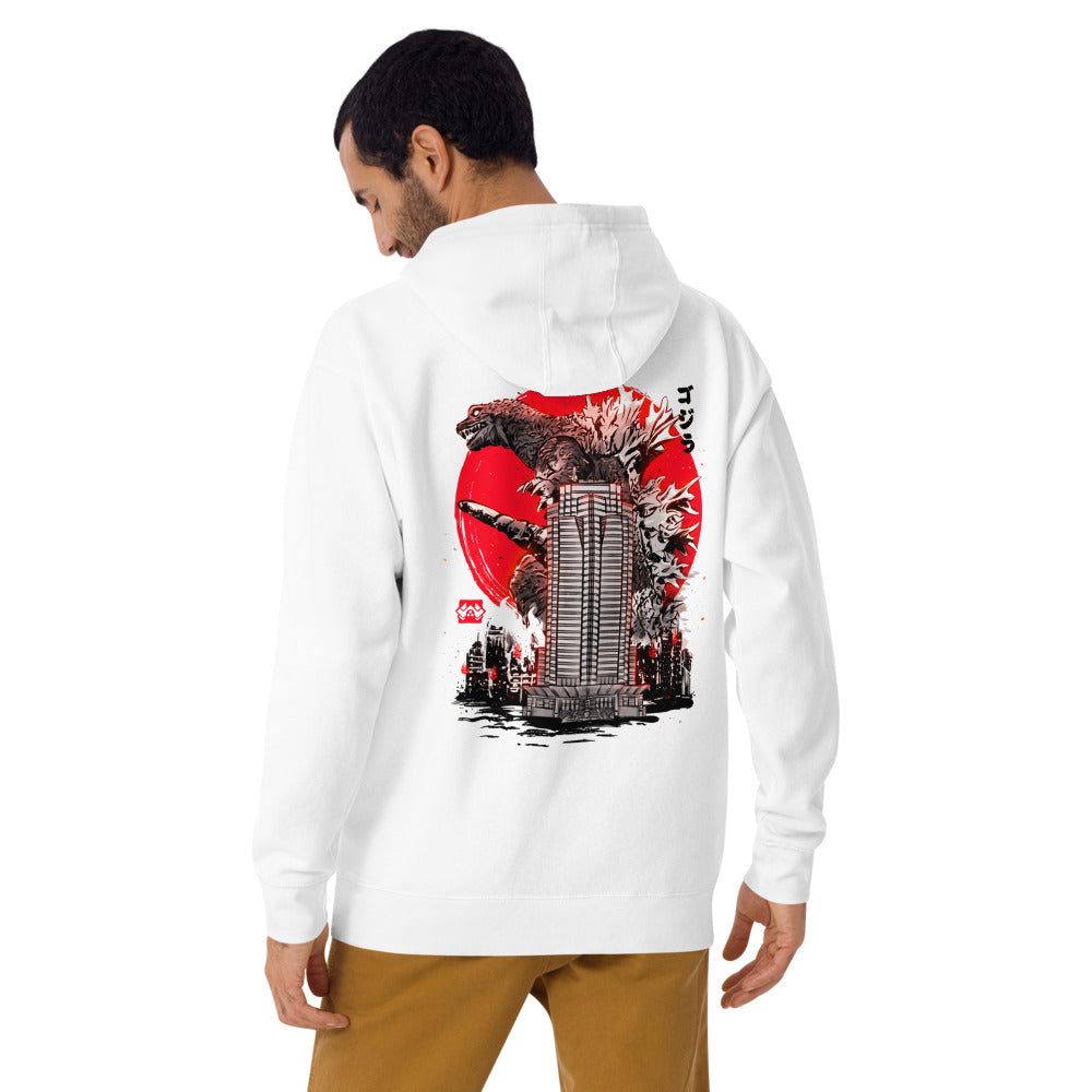Hoodie Godzilla Sumi-e Red Sun Skyscraper - Modelo masculino espalda 2