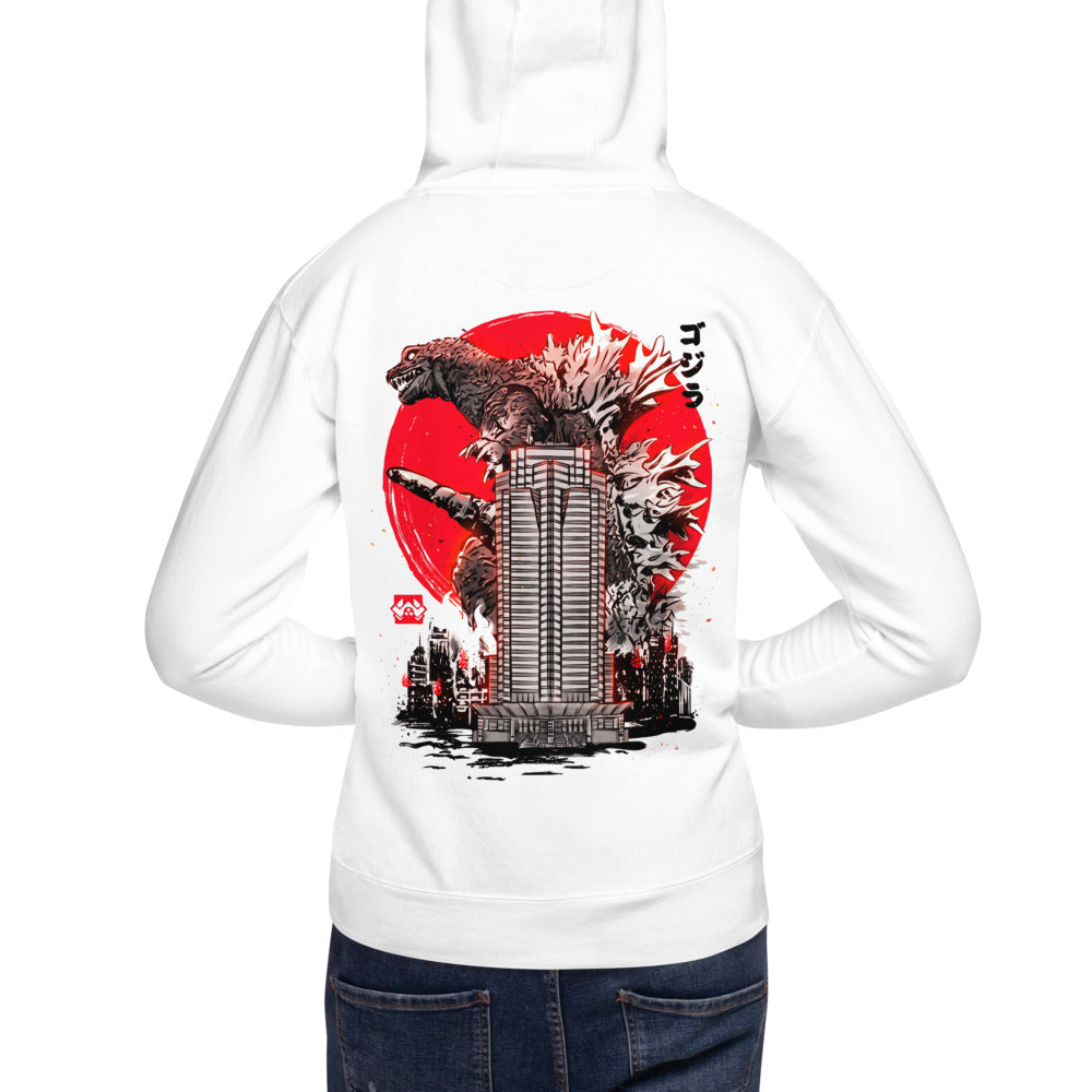 Hoodie Godzilla Sumi-e Red Sun Skyscraper - Modelo masculino espalda