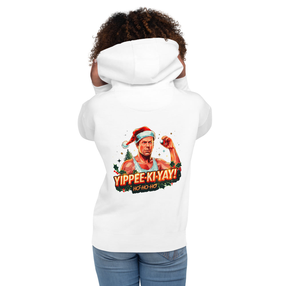 Hoodie Yippee Ki Yay Ho Ho Ho Santa Hat - Modelo femenina espalda