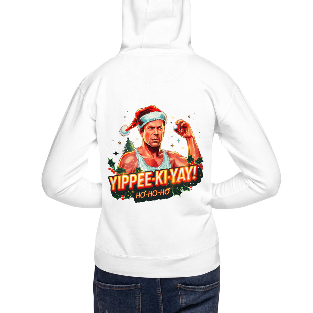 Hoodie Yippee Ki Yay Ho Ho Ho Santa Hat - Modelo masculino espalda