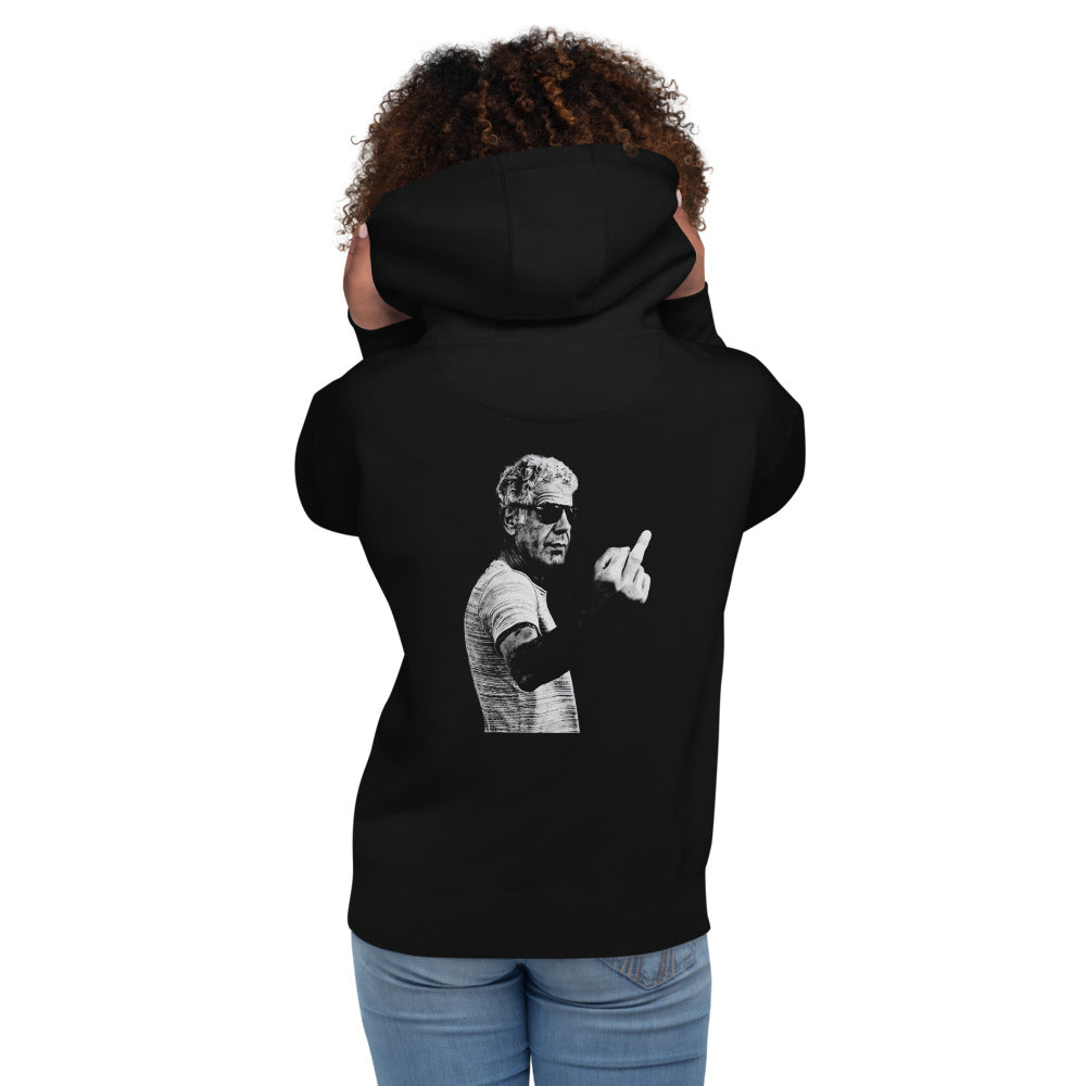 Hoodie A, Bourdain - Modelo femenina espalda