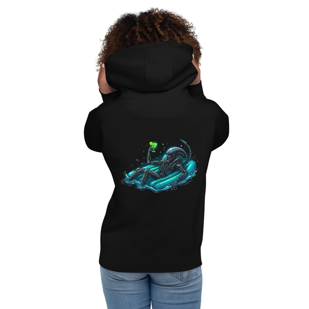Hoodie Alien Xenomorph Pool Float Green Cocktail - Modelo femenina espalda