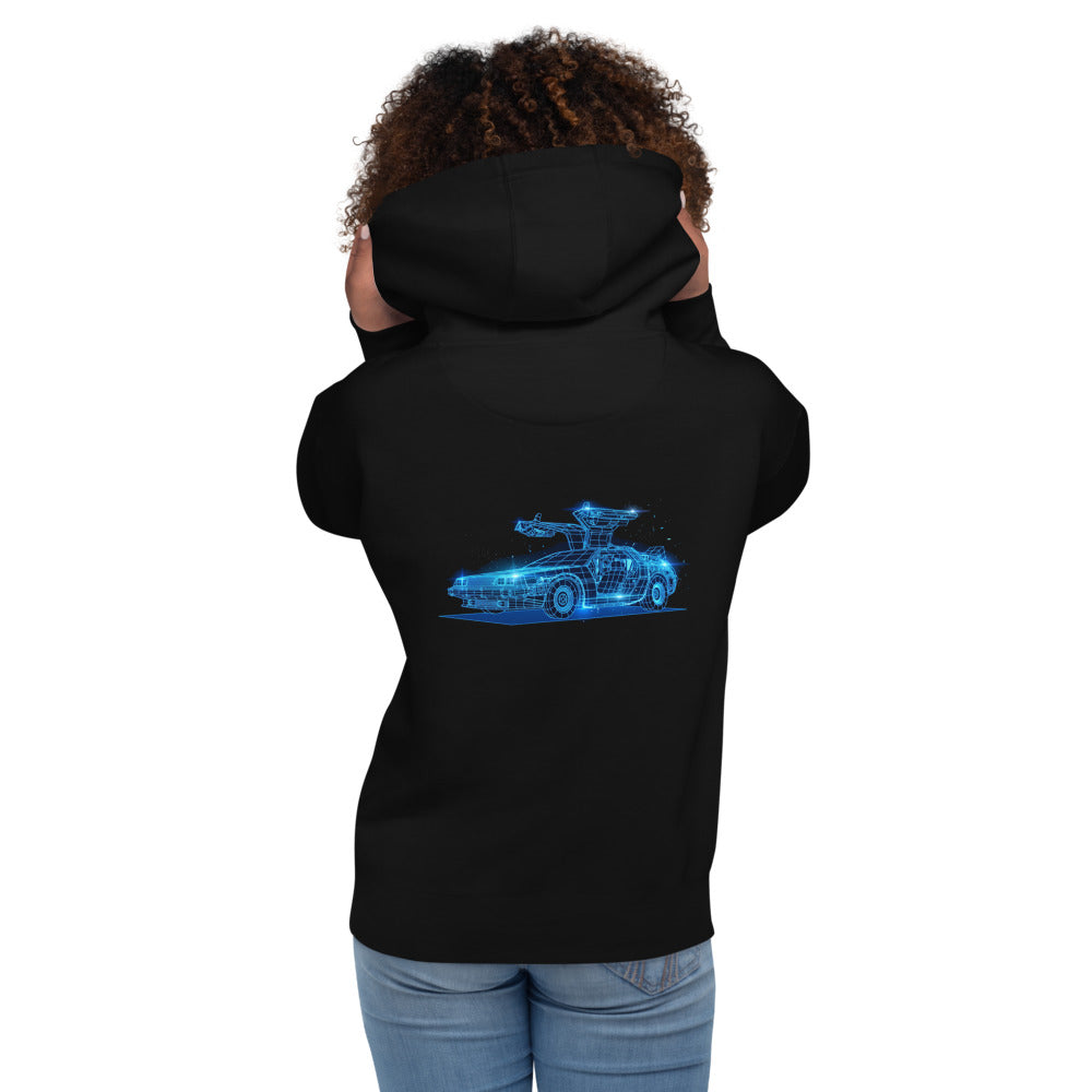 Hoodie Back To The Future DeLorean Neon Wireframe - Modelo femenina espalda