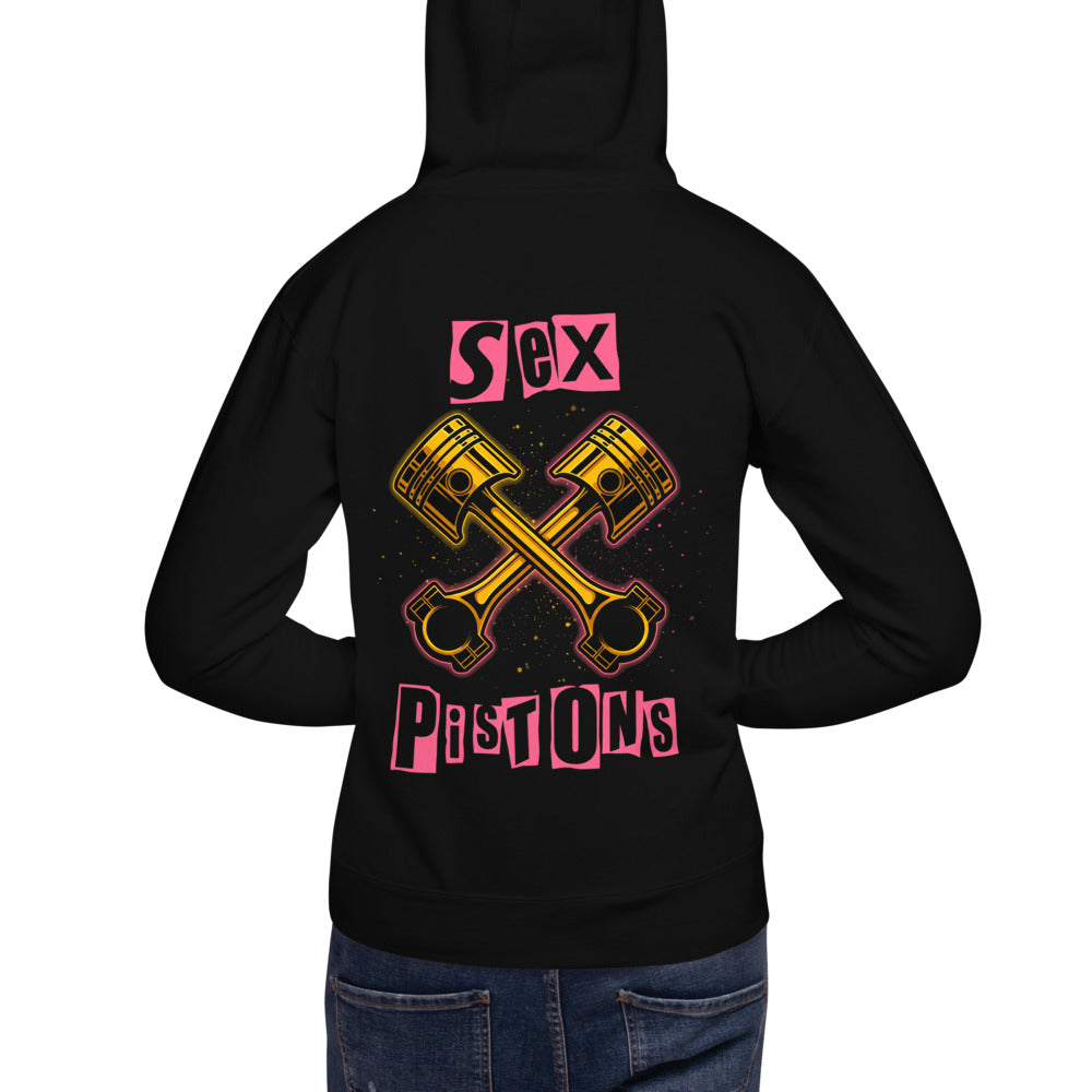 Hoodie Crossed Golden Pistons Punk Pink Letters - Modelo masculino espalda