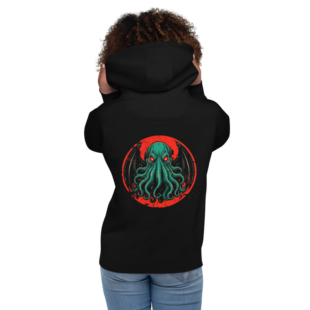 Hoodie Cthulhu Red Eyes Bat Wings - Modelo femenina espalda