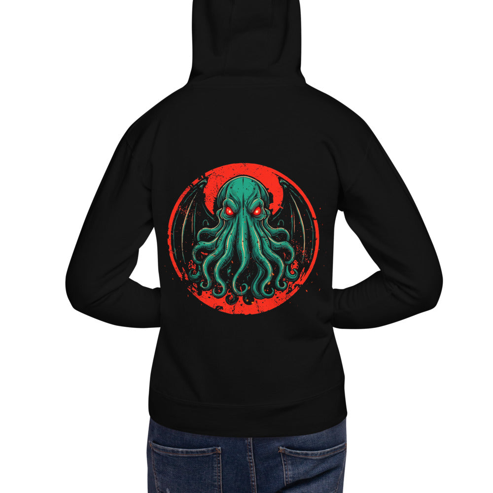 Hoodie Cthulhu Red Eyes Bat Wings - Modelo masculino espalda