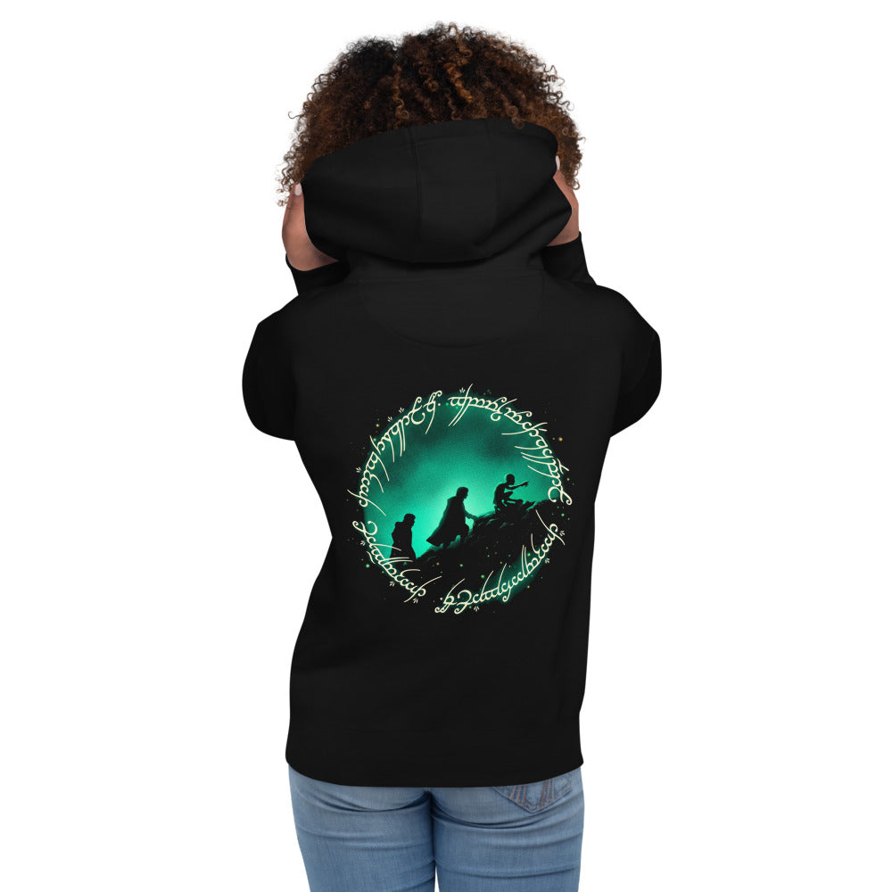 Hoodie Frodo Sam Gollum One Ring Script Green Glow - Modelo femenina espalda