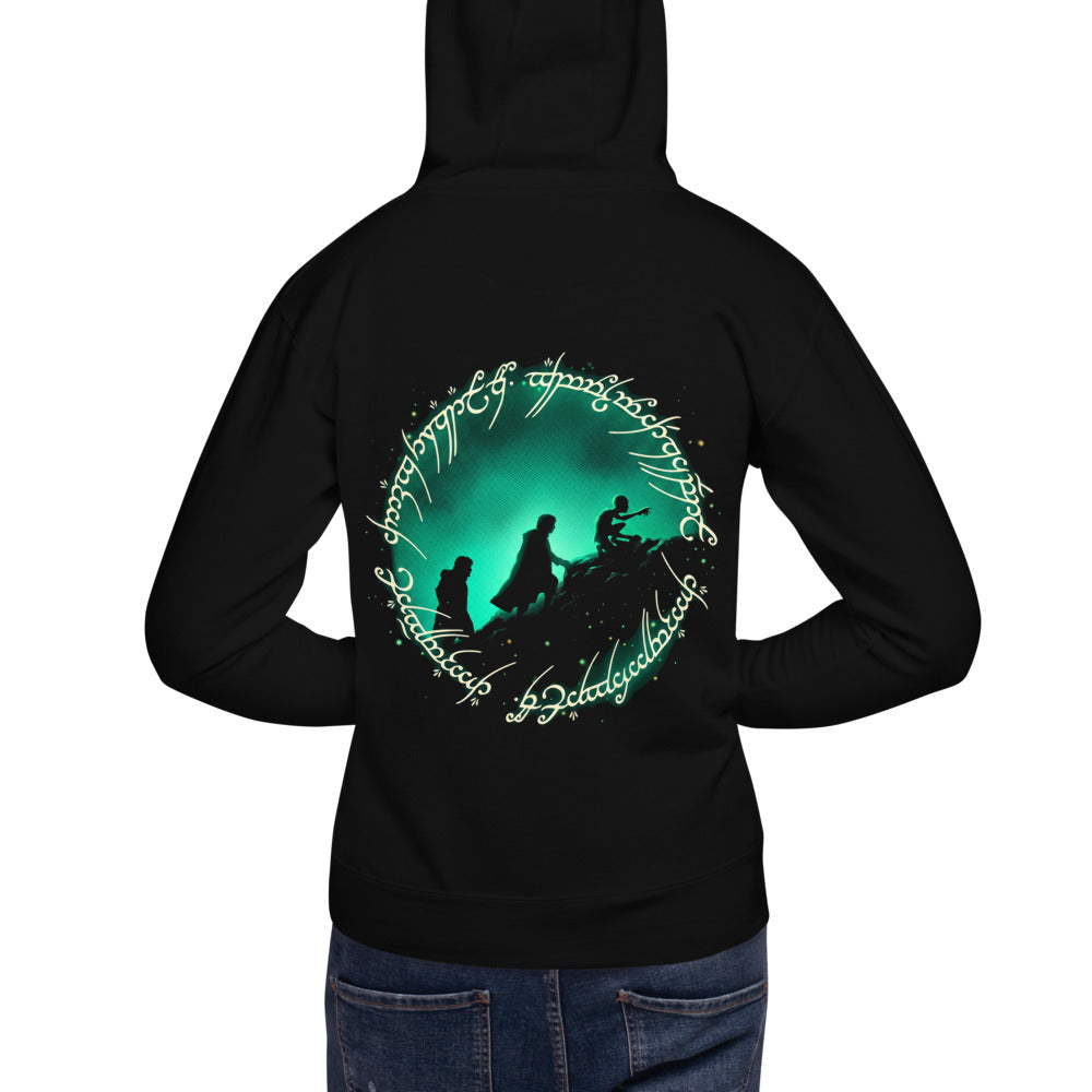 Hoodie Frodo Sam Gollum One Ring Script Green Glow - Modelo masculino espalda