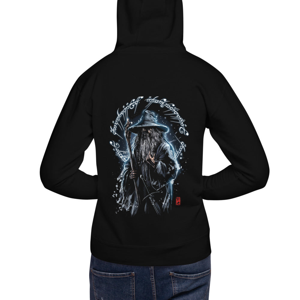 Hoodie Gandalf The Grey One Ring Script - Modelo masculino espalda