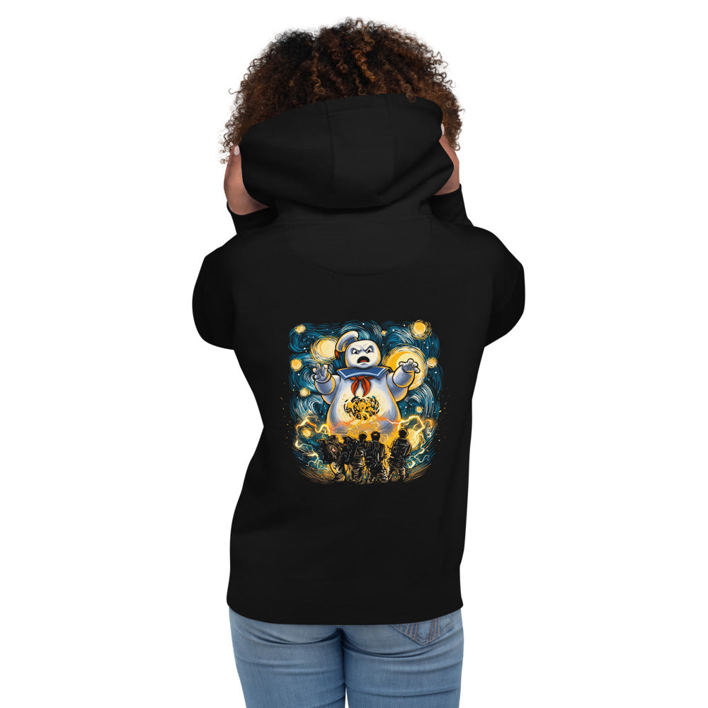 Hoodie Ghostbusters Stay Puft Starry Night - Modelo femenina espalda