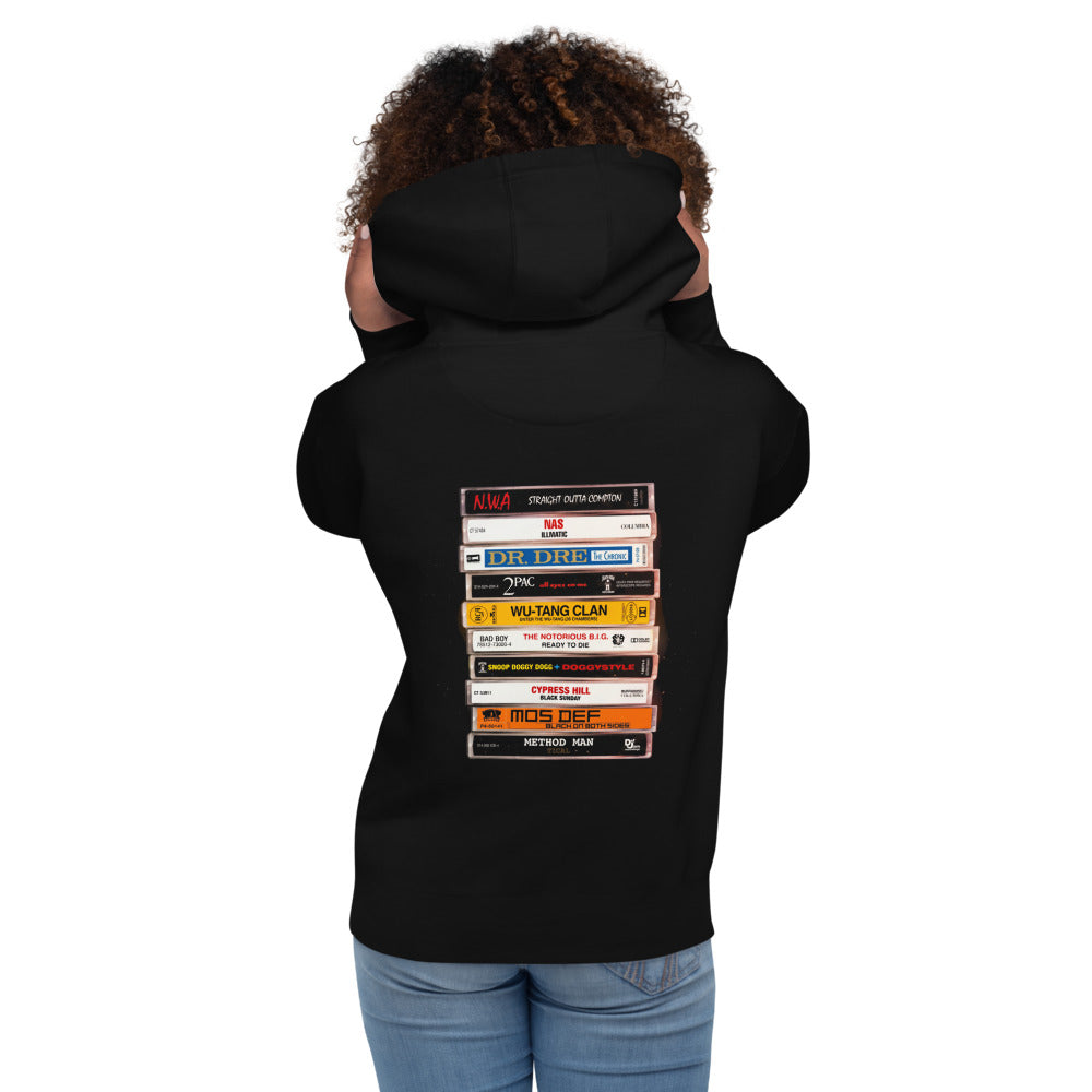 Hoodie Hip Hop Cassette Stack NWA 2Pac Wu-Tang - Modelo femenina espalda