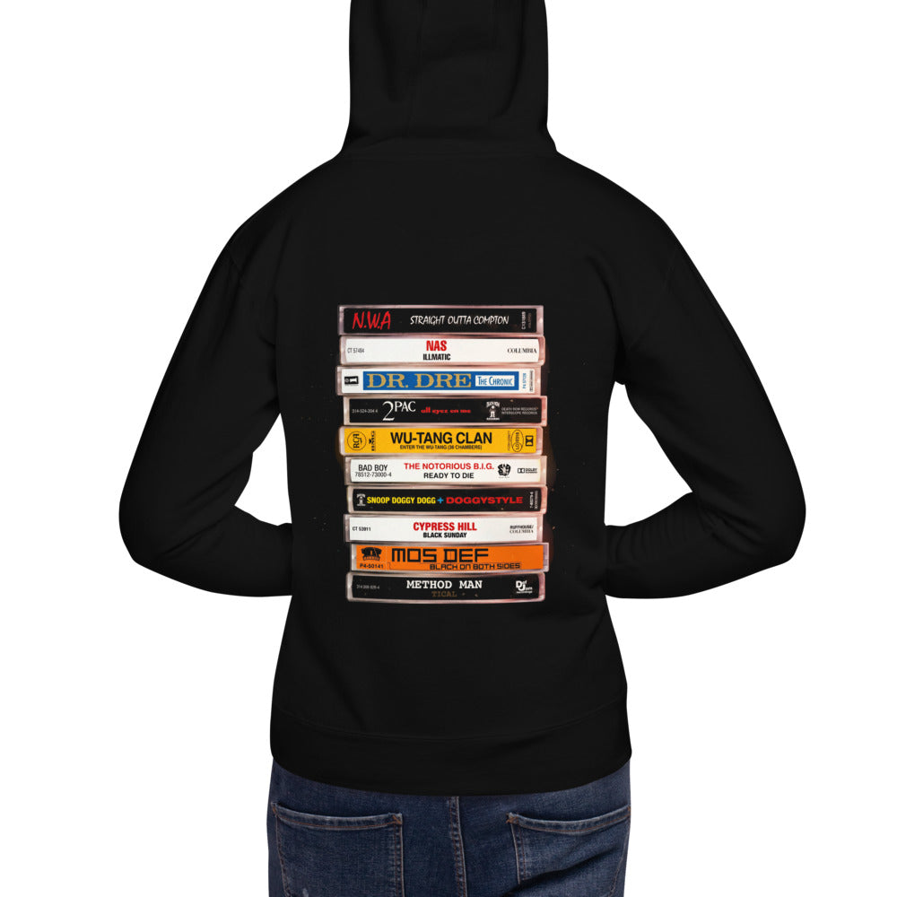Hoodie Hip Hop Cassette Stack NWA 2Pac Wu-Tang - Modelo masculino espalda