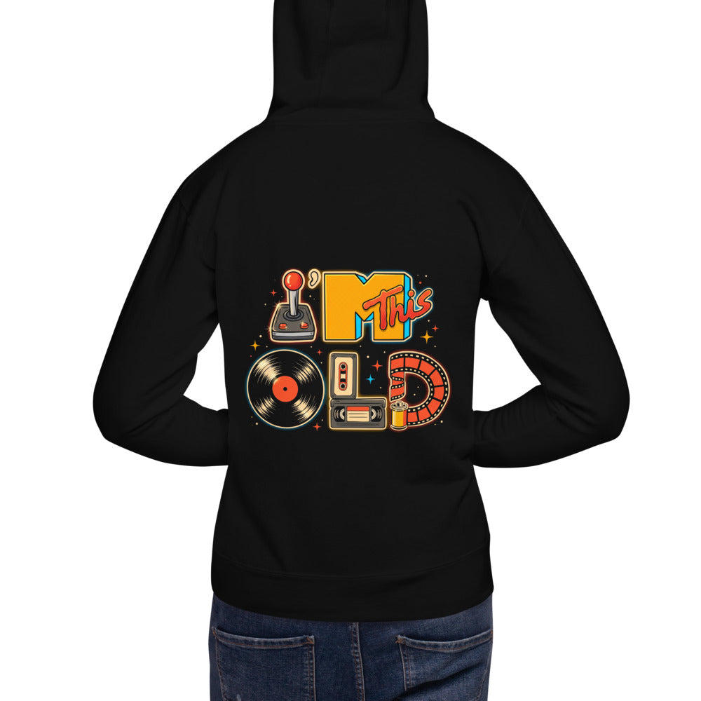 Hoodie I'm This Old Retro Joystick Vinyl VHS - Modelo masculino espalda
