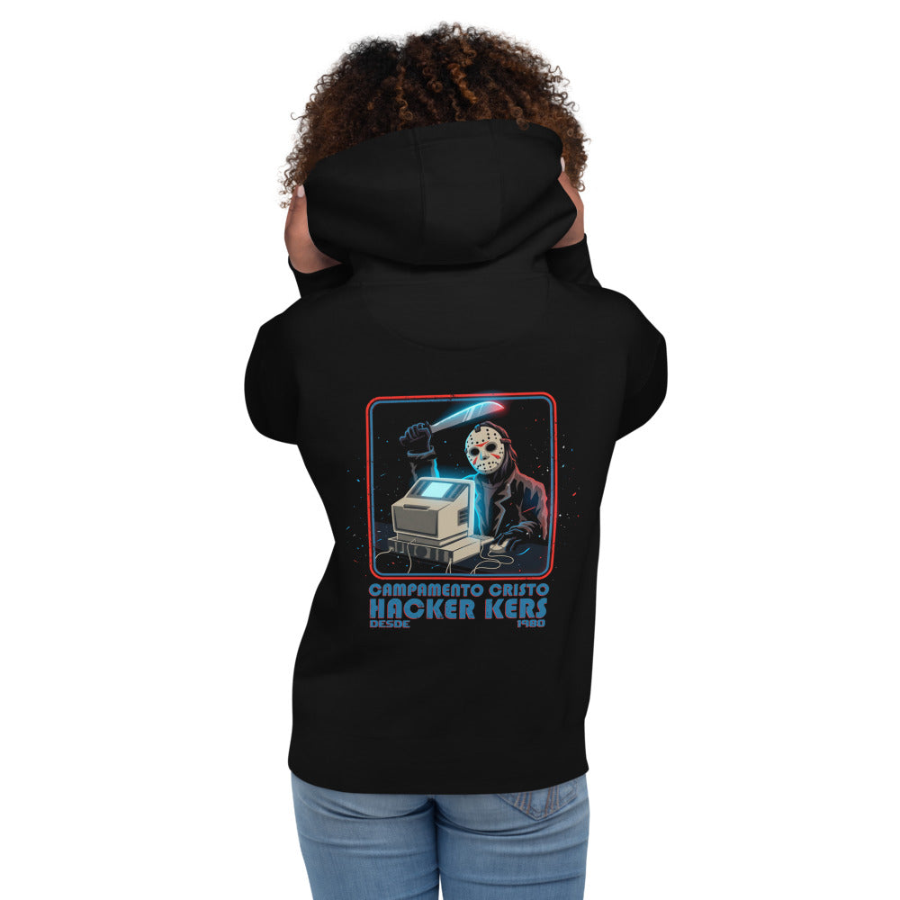Hoodie Jason Campamento Cristal Hackers Desde 1980 - Modelo femenina espalda