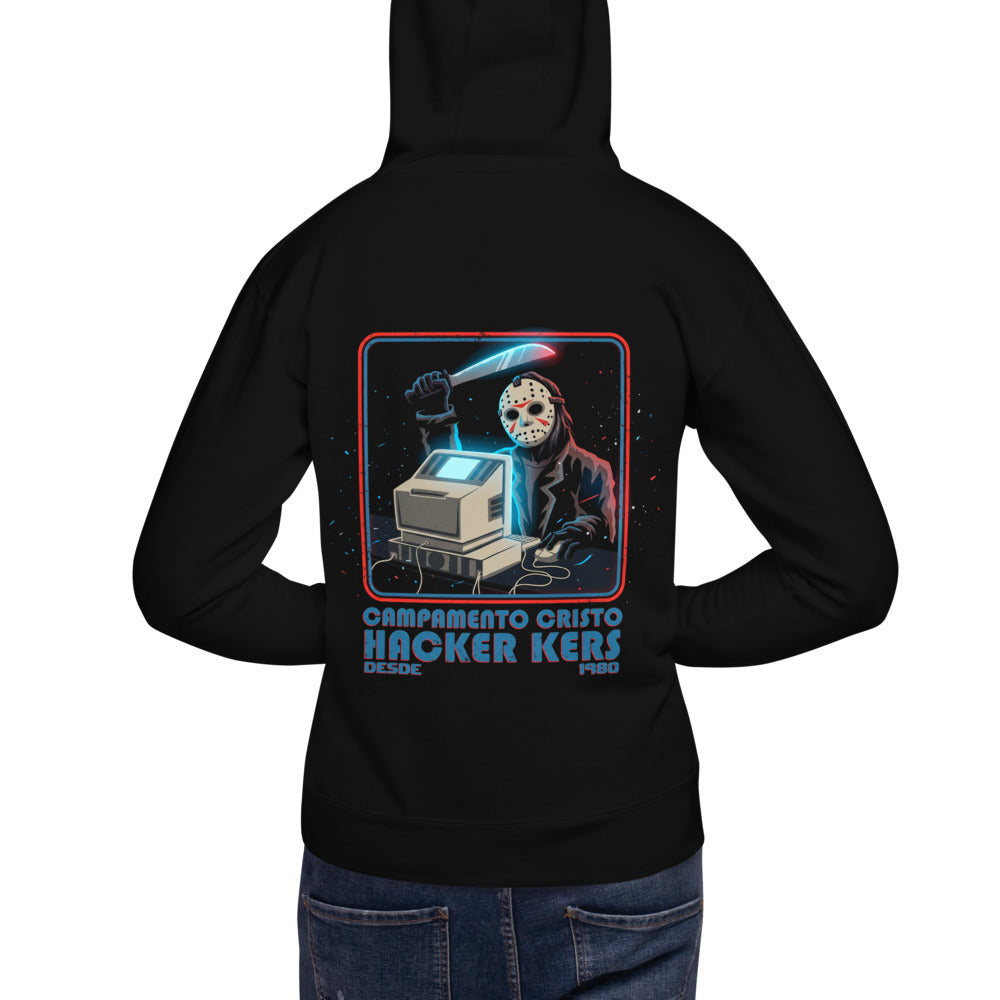 Hoodie Jason Campamento Cristal Hackers Desde 1980 - Modelo masculino espalda