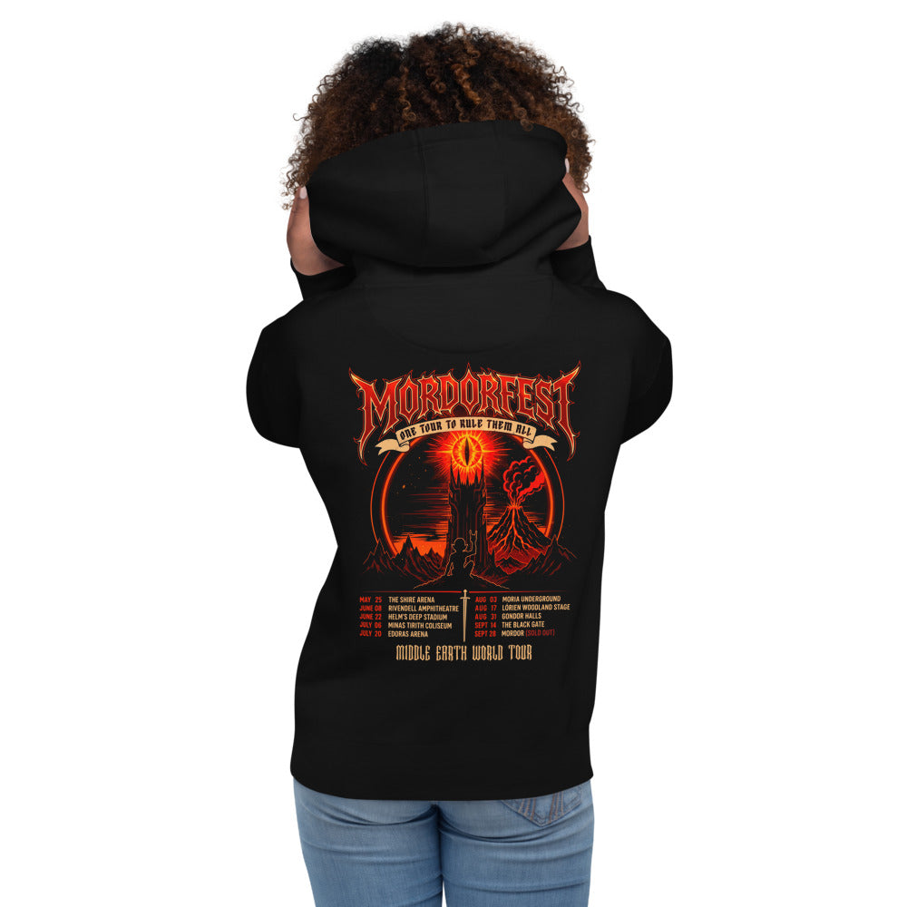 Hoodie Mordorfest One Tour To Rule Them All - Modelo femenina espalda
