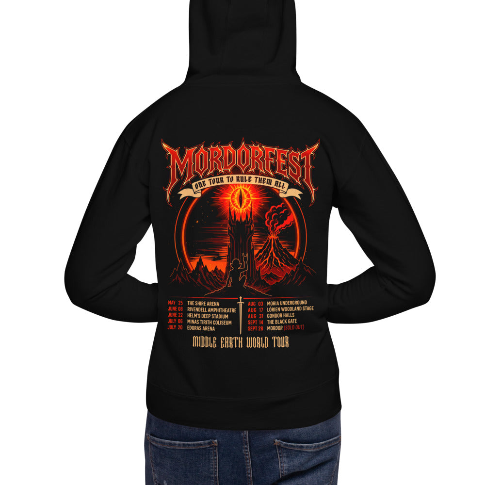 Hoodie Mordorfest One Tour To Rule Them All - Modelo masculino espalda