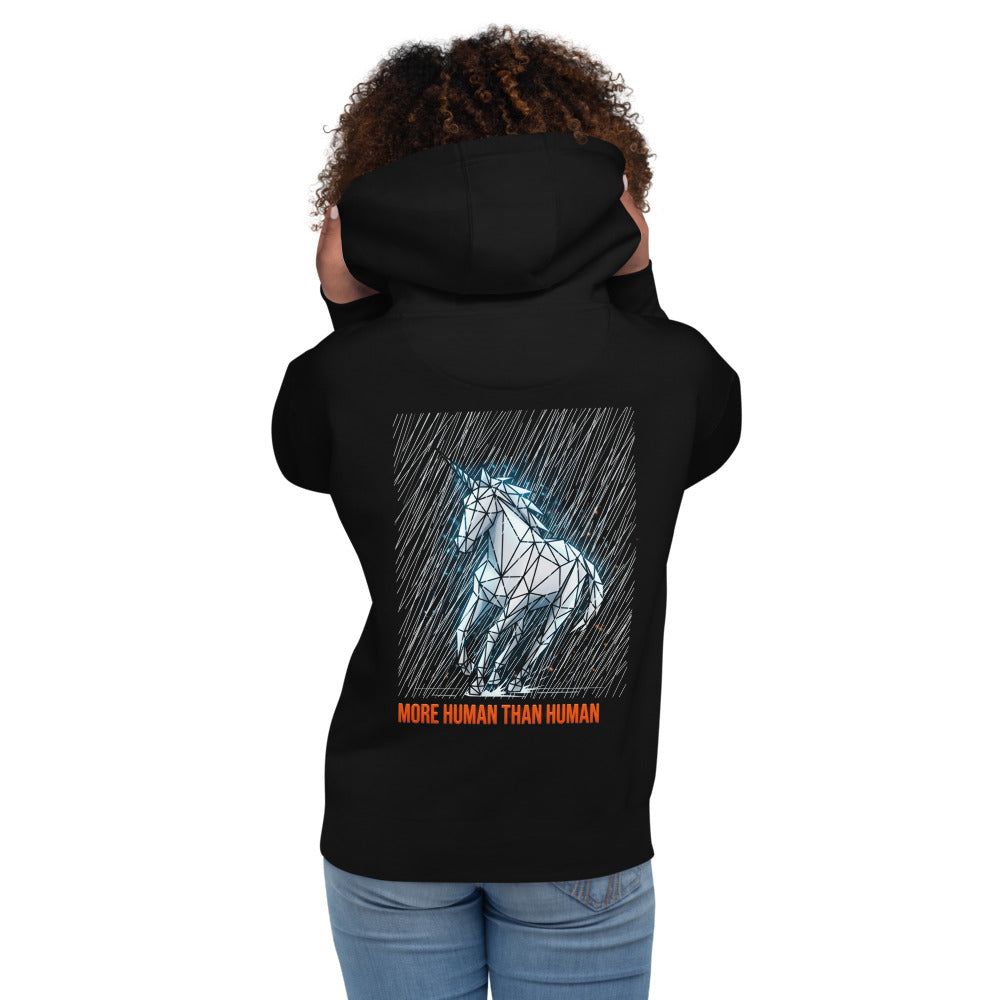 Hoodie More Human Than Human Geometric Unicorn - Modelo femenina espalda