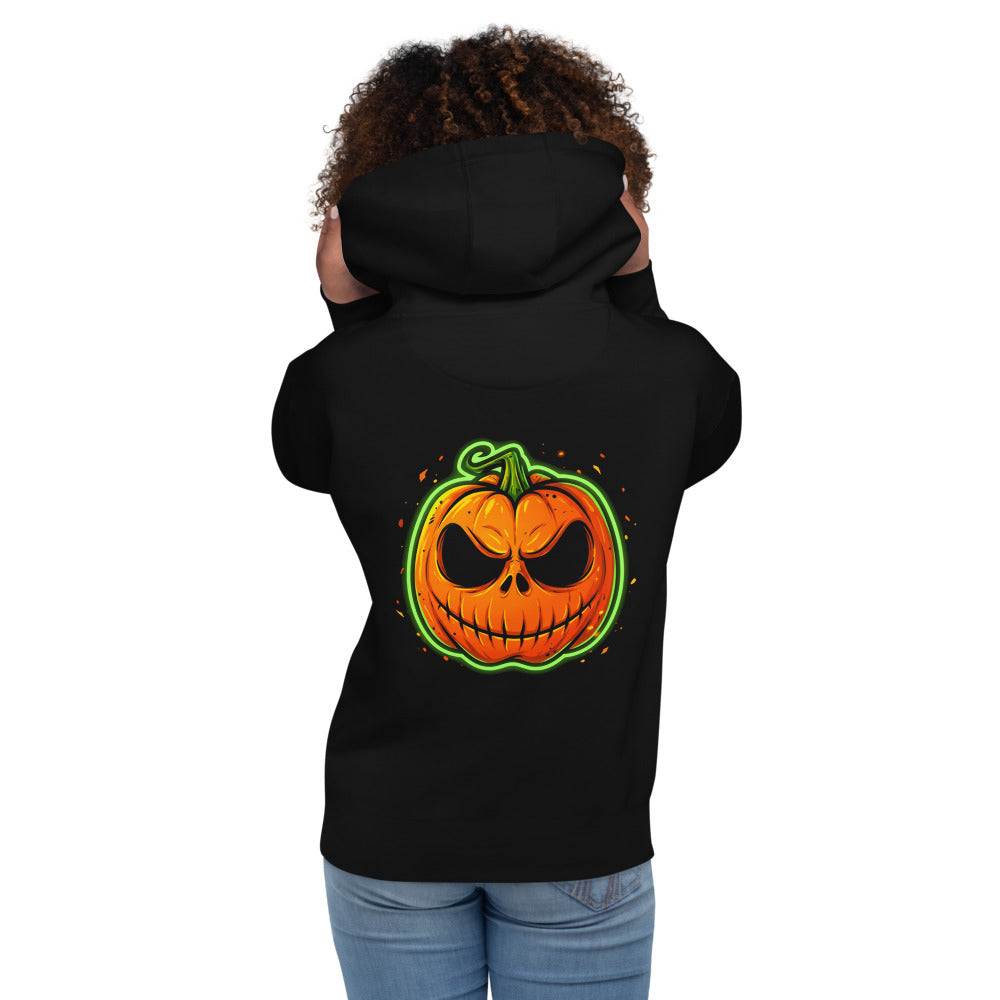 Hoodie Neon Green Skull Jack O Lantern - Modelo femenina espalda