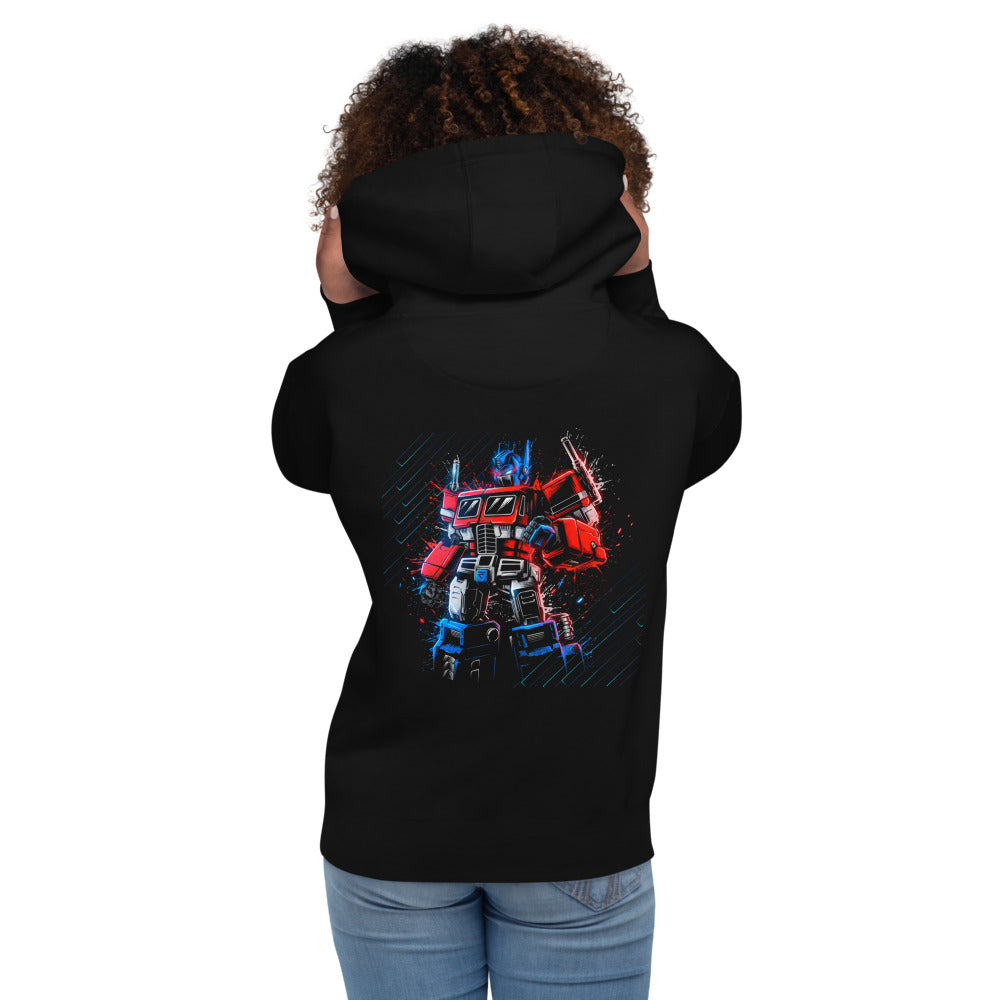 Hoodie Optimus Prime Neon Paint Splatter - Modelo femenina espalda