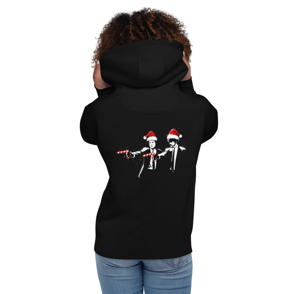 Hoodie Pulp Fiction Santa Hats Candy Canes - Modelo femenina espalda