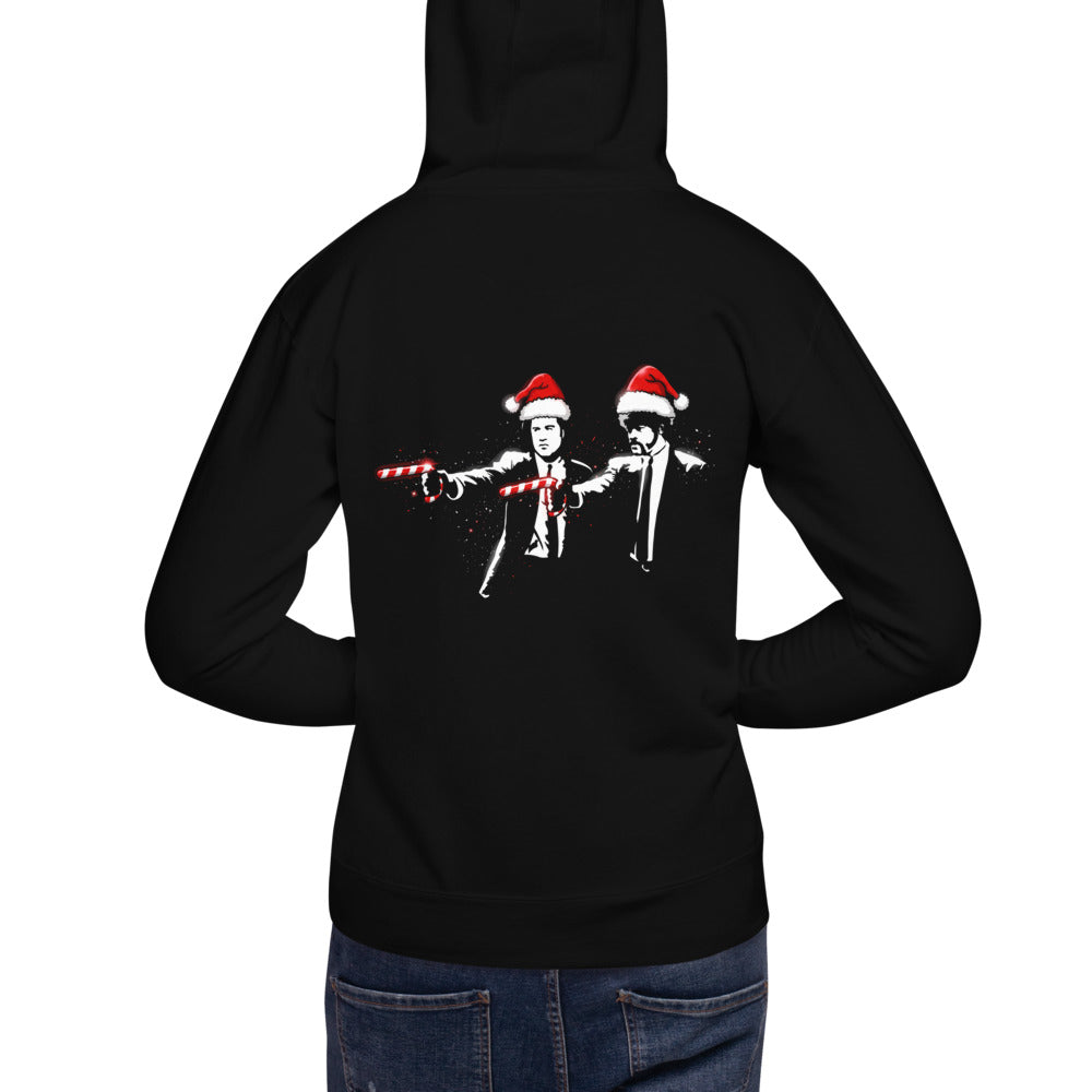 Hoodie Pulp Fiction Santa Hats Candy Canes - Modelo masculino espalda