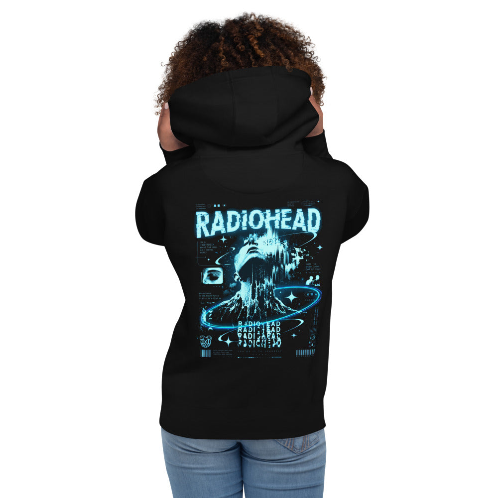 Hoodie Radiohead Kid A Cyan Glitch Face - Modelo femenina espalda