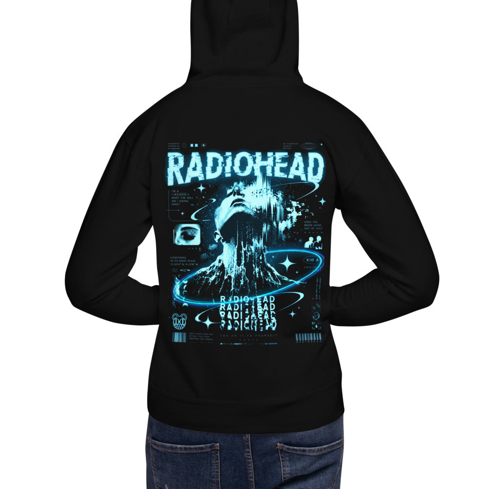 Hoodie Radiohead Kid A Cyan Glitch Face - Modelo masculino espalda