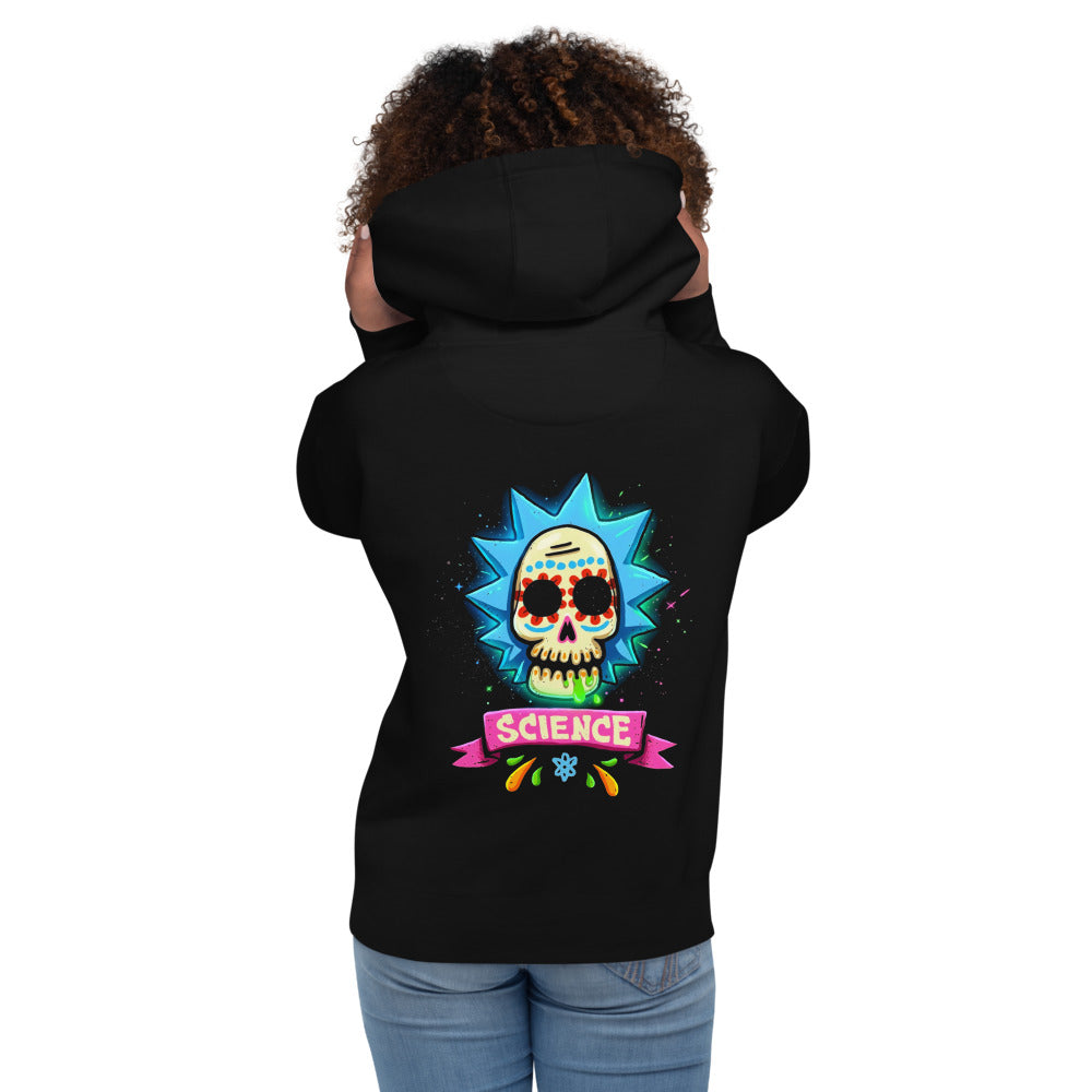 Hoodie Rick Sanchez Sugar Skull Science - Modelo femenina espalda