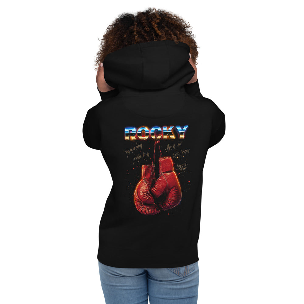 Hoodie Rocky Balboa Hard As Life Boxing Gloves - Modelo femenina espalda