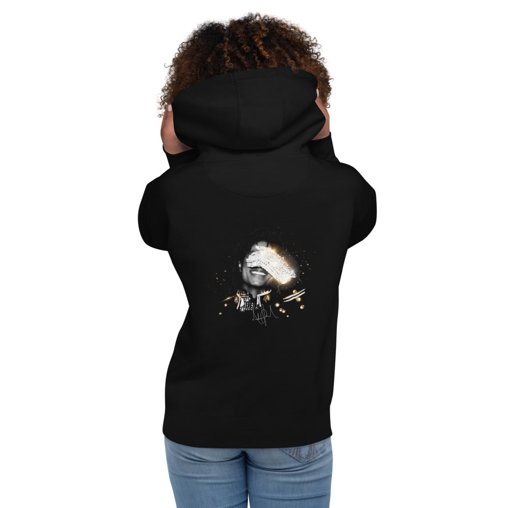 Hoodie Sequined Glove Smile Gold Sparks - Modelo femenina espalda
