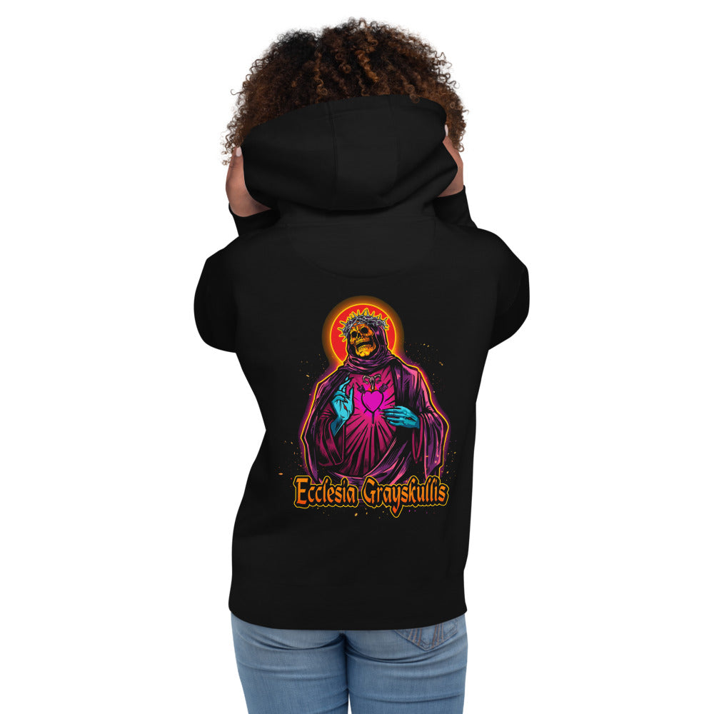 Hoodie Skeletor Ecclesia Grayskullis Pink Heart - Modelo femenina espalda