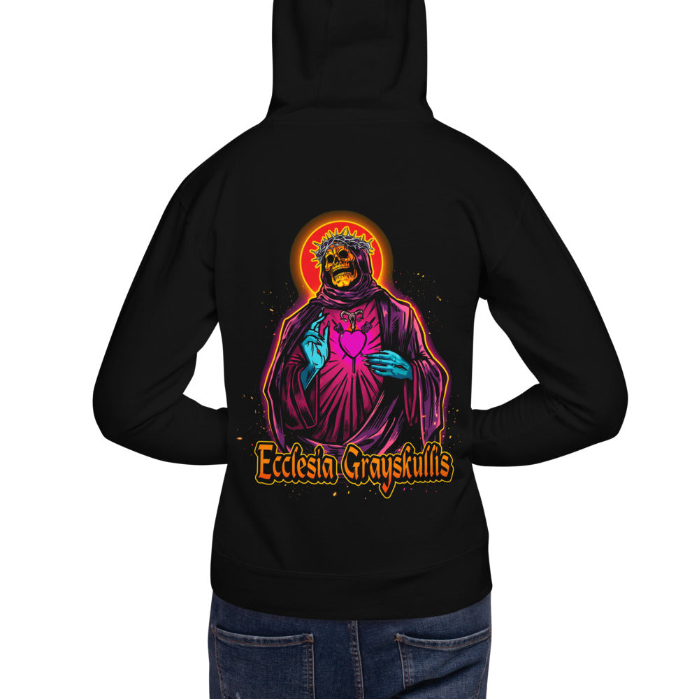 Hoodie Skeletor Ecclesia Grayskullis Pink Heart - Modelo masculino espalda