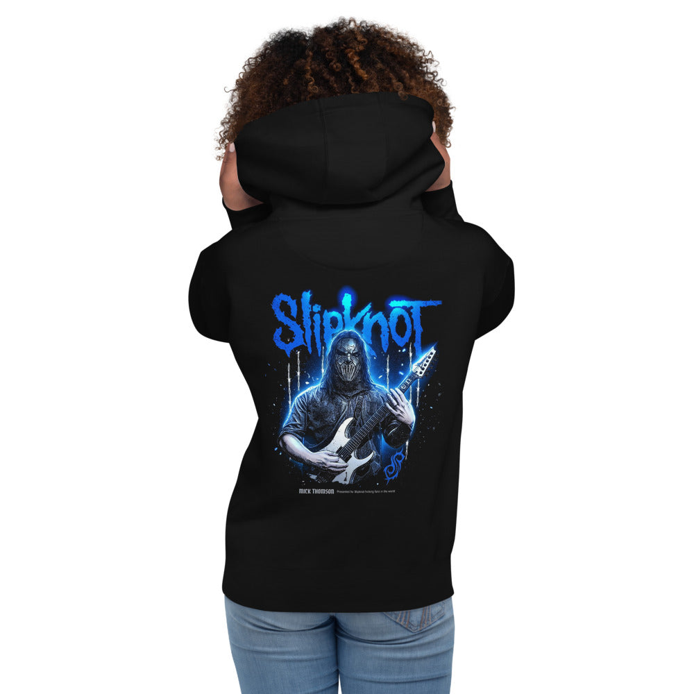 Hoodie Slipknot Blue Neon Mask White Guitar - Modelo femenina espalda
