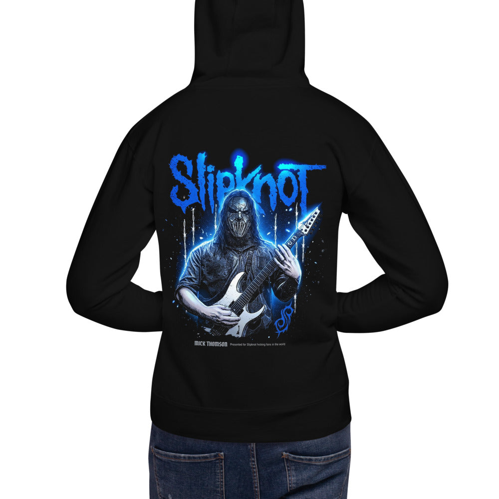 Hoodie Slipknot Blue Neon Mask White Guitar - Modelo masculino espalda