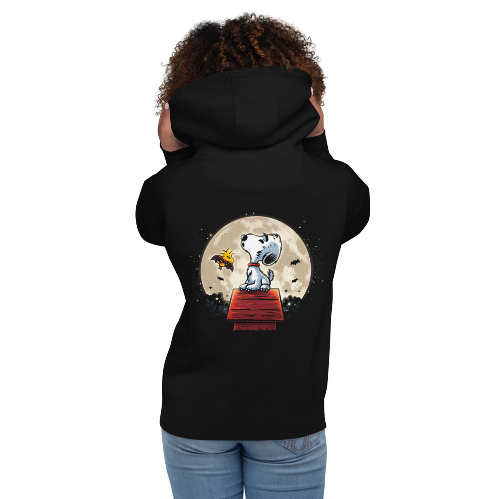 Hoodie Snoopy Woodstock Vampire Full Moon Doghouse - Modelo femenina espalda