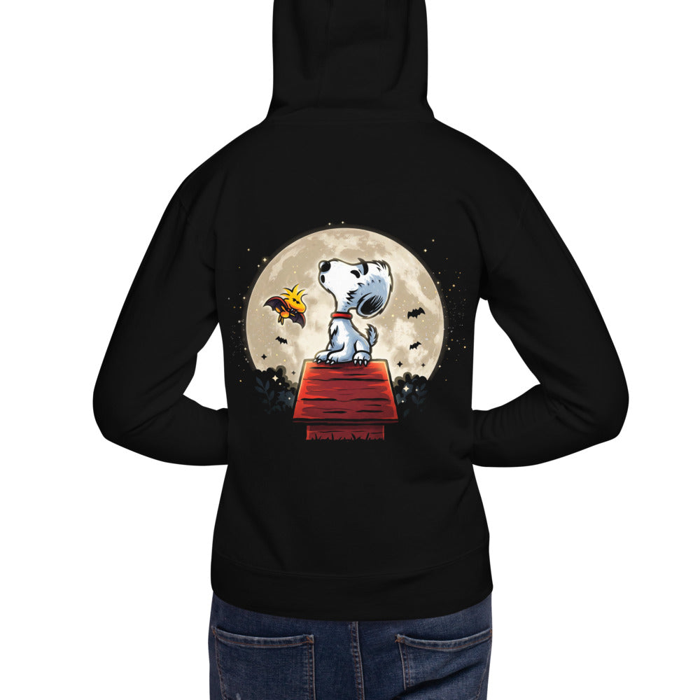 Hoodie Snoopy Woodstock Vampire Full Moon Doghouse - Modelo masculino espalda