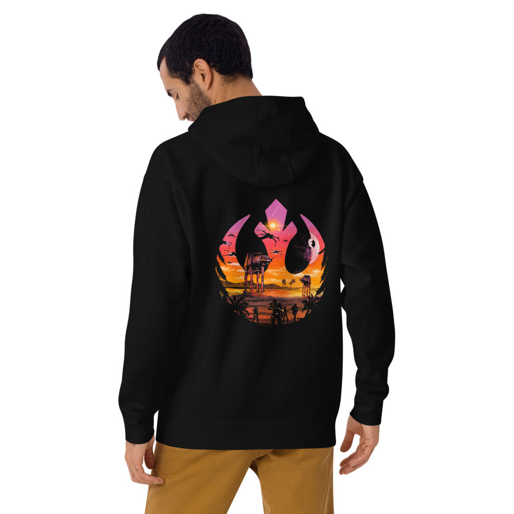 Hoodie Star Wars Rebel Emblem Death Star Sunset - Modelo masculino espalda 2