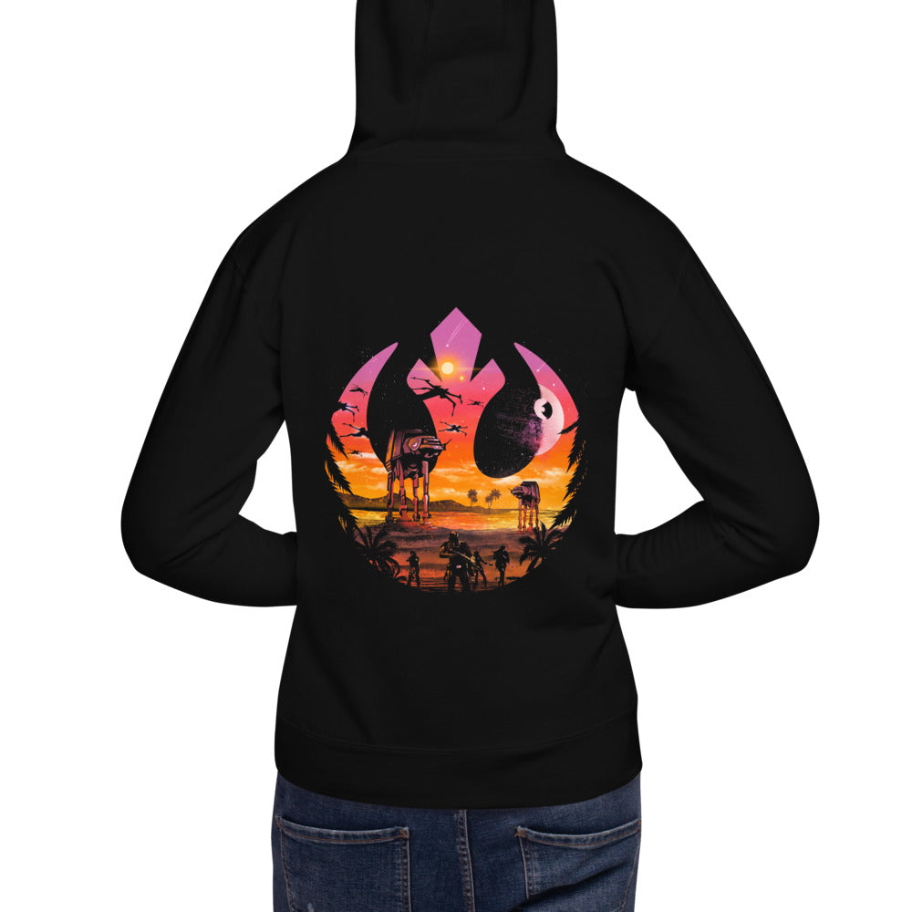 Hoodie Star Wars Rebel Emblem Death Star Sunset - Modelo masculino espalda