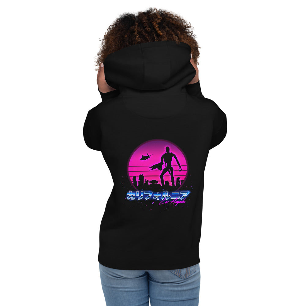 Hoodie Terminator Los Angeles Synthwave Endoskeleton - Modelo femenina espalda