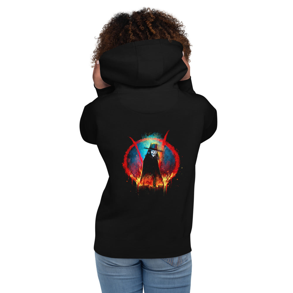 Hoodie V For Vendetta Burning Big Ben Red V - Modelo femenina espalda