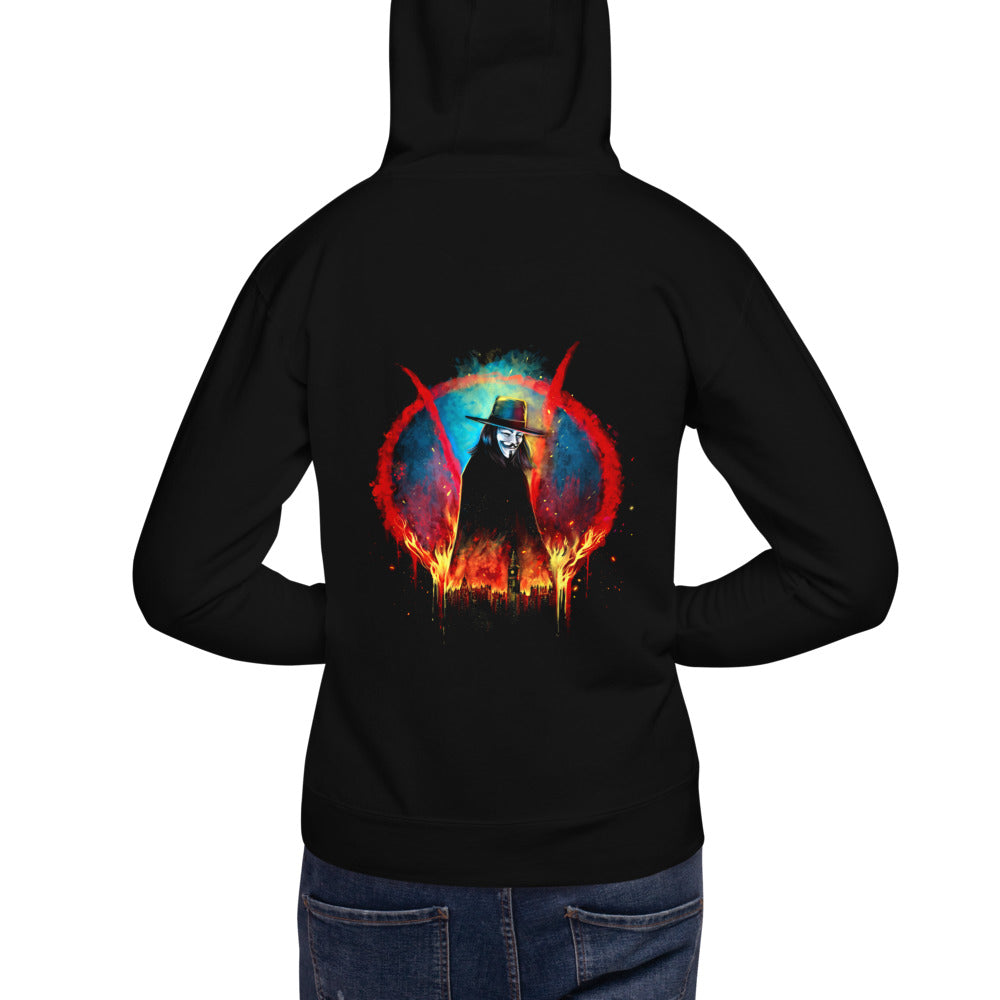 Hoodie V For Vendetta Burning Big Ben Red V - Modelo masculino espalda